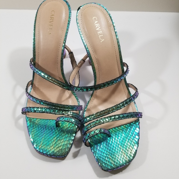 Carvela Metallic Turquoise Snakeskin Leather Strap Stiletto Open Toe Sandal 9.5 - Picture 5 of 8